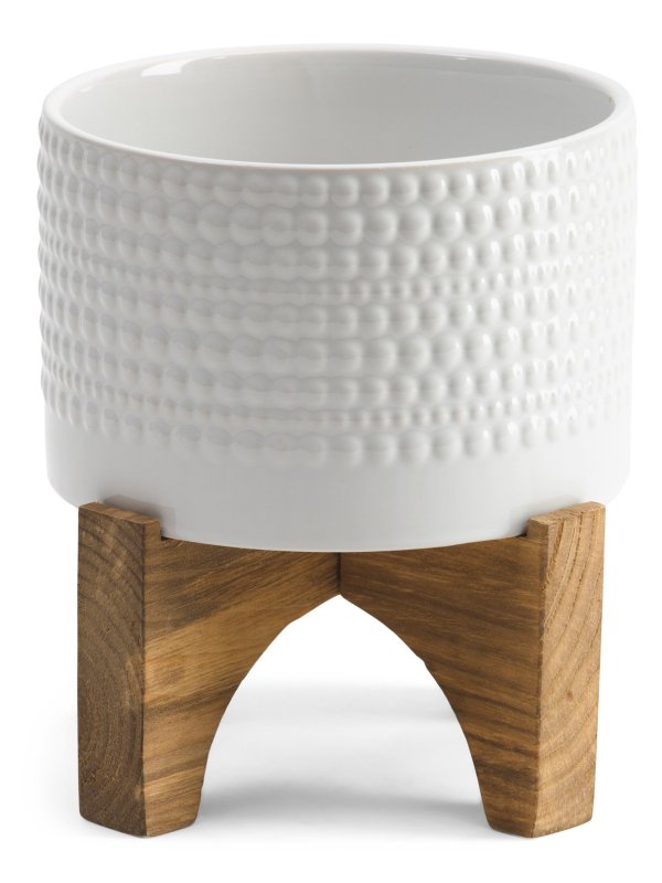 7in Hobnail Ceramic Planter On Wood Stand