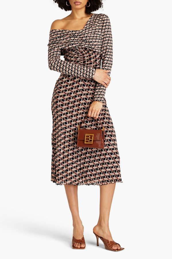 Leia one-shoulder printed jersey and stretch-mesh midi dress