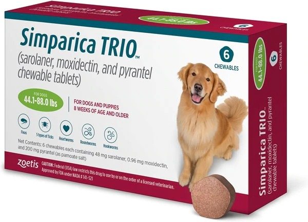 SIMPARICA TRIO Chewable Tablet for Dogs, 44.1-88 lbs, (Green Box), 6 Chewable Tablets (6-mos. supply) - Chewy.com