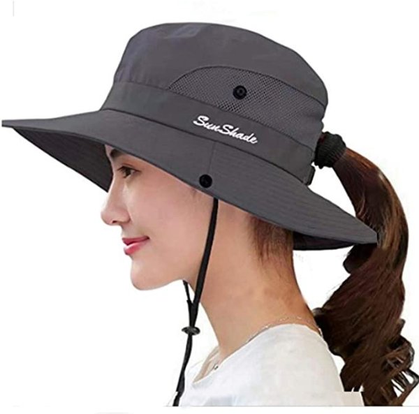 Womens UV Protection Wide Brim Sun Hats - Cooling Mesh Ponytail Hole Cap Foldable Travel Outdoor Fishing Hat