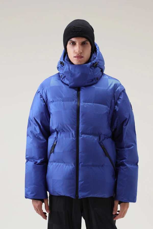 Waterproof Shelter Ski Puffer Jacket with Removable Hood and Sleeves Electric Blue