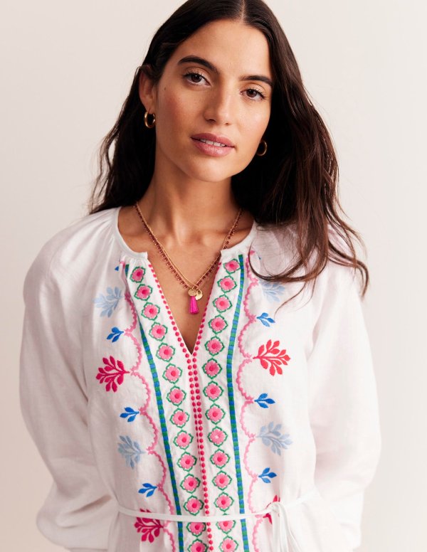 Embroidered Belted Linen DressWhite, Multi