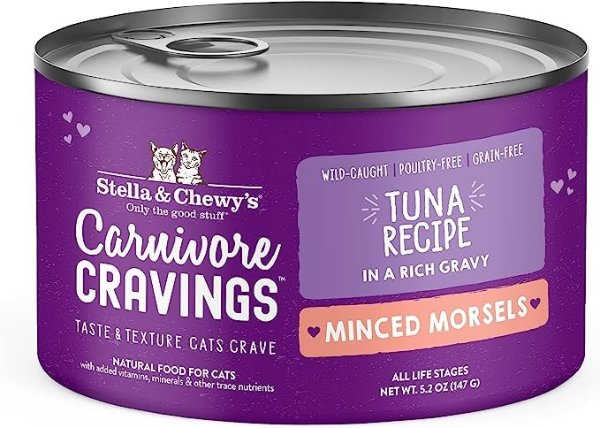 Stella & Chewy’s Carnivore Cravings Minced Morsels Cans – Grain Free, Protein Rich Wet Cat Food – Wild-Caught Tuna Recipe – (5.2 Ounce Cans, Case of 24)