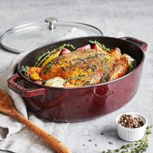 Staub Shallow Oval Cast Iron Cocotte with Glass Lid, 4.25 qt.