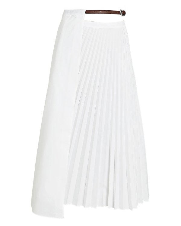 Pleated Cotton Leather Wrap Skirt