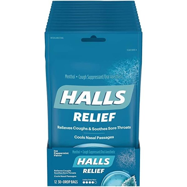 HALLS 冰薄荷味止咳滴剂，12袋（共360滴）