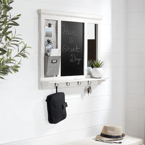 26 in. H x 31 in. W x 5 in D White Wood Multi-Function Wall Organizer with Hooks