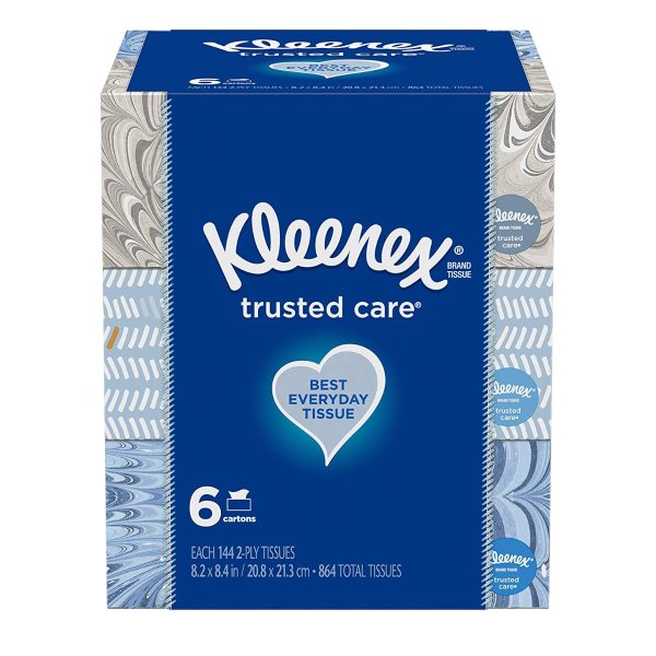Trusted Care Everyday Facial Tissues, 144 Tissues per Flat Boxes, 6 Pack (864 Tissues Total)