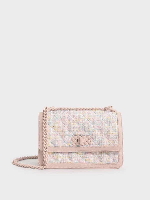 Light Pink Micaela Tweed Quilted Chain Bag | CHARLES &amp; KEITH