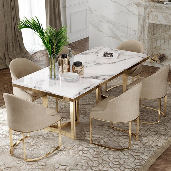 Bura Modern Marble Dining Table with Rectangular Tabletop Gold Stainless Legs, for Kitchen and Dining Room