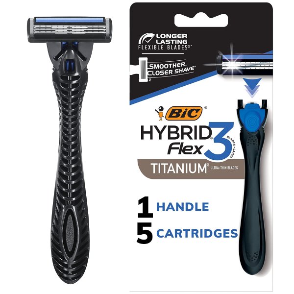 Flex 3 Hybrid Disposable Razors for Men, Long-lasting 3-Blade Razors With Slim Head for Precision Shaving, 1 Handle and 5 Cartridges