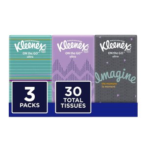 Kleenex On-The-Go Packs Facial Tissues, Travel Size, 3 Pack, 10 Tissues per Pack