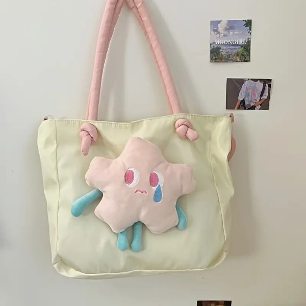 Star Doll Decor Nylon Handbag, Cute Large Capacity Shoulder Bag For School & Work