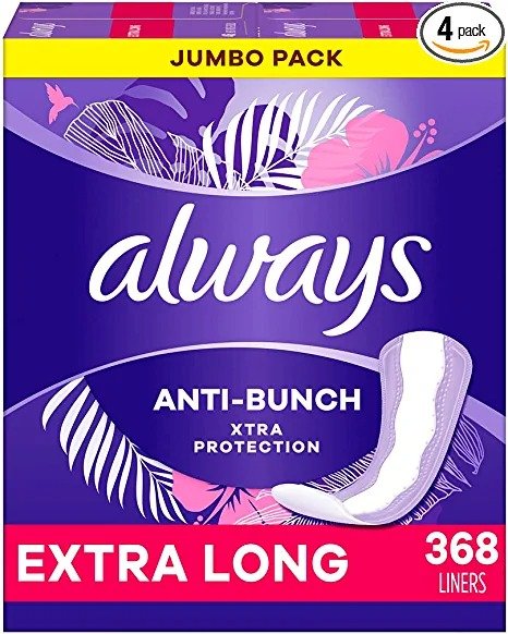 Anti-Bunch Xtra Protection, Panty Liners For Women, Light Absorbency, Extra Long Lenght, Multipack, Leakguard + Rapiddry, Unscented, 92 Count X 4 Packs (368 Count Total)