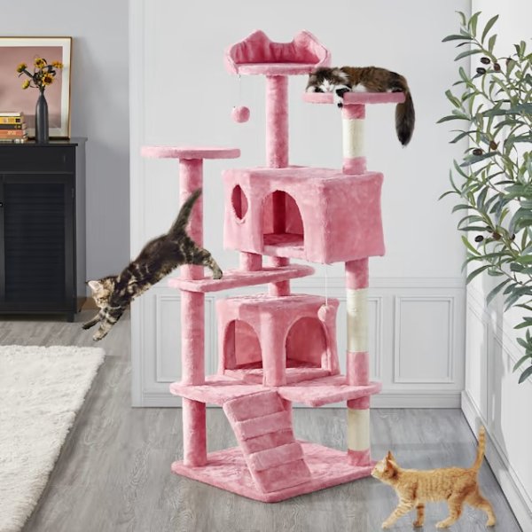 Topeakmart Pink 3-Level Plush Cat Tree with 2 Condos, 54.5" H