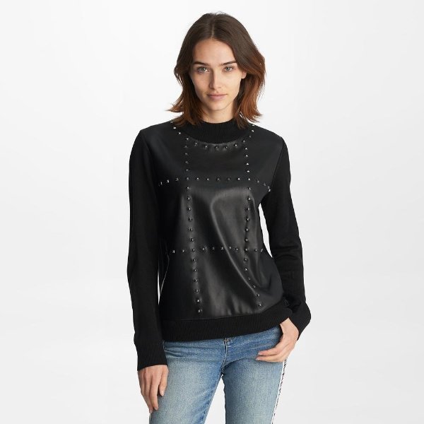 FAUX LEATHER STUDDED SWEATER