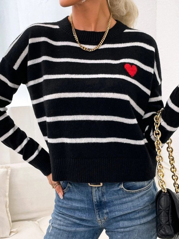 Frenchy Striped And Heart Pattern Drop Shoulder Sweater