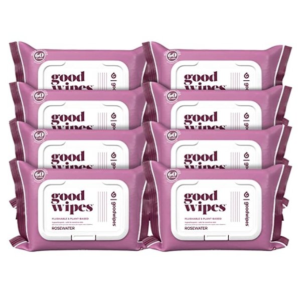Goodwipes Flushable Butt Wipes Made w/Soothing Botanicals & Aloe – Soft & Gentle Wet Wipe Dispenser for Home Use, Septic & Sewer Safe – Largest Adult Toilet Wipes – Rosewater, 480 count (8 packs)