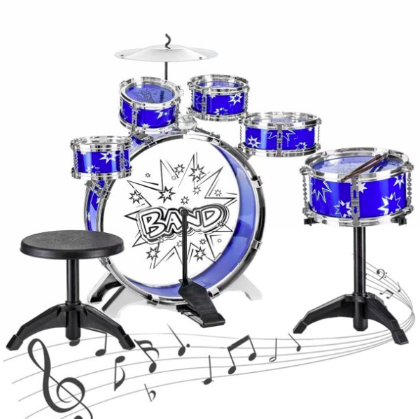 SKONYON 11-Piece Kids Starter Drum Set W/ Bass Drum, Tom Drums, Snare, Cymbal, Stool, Drumsticks - Blue