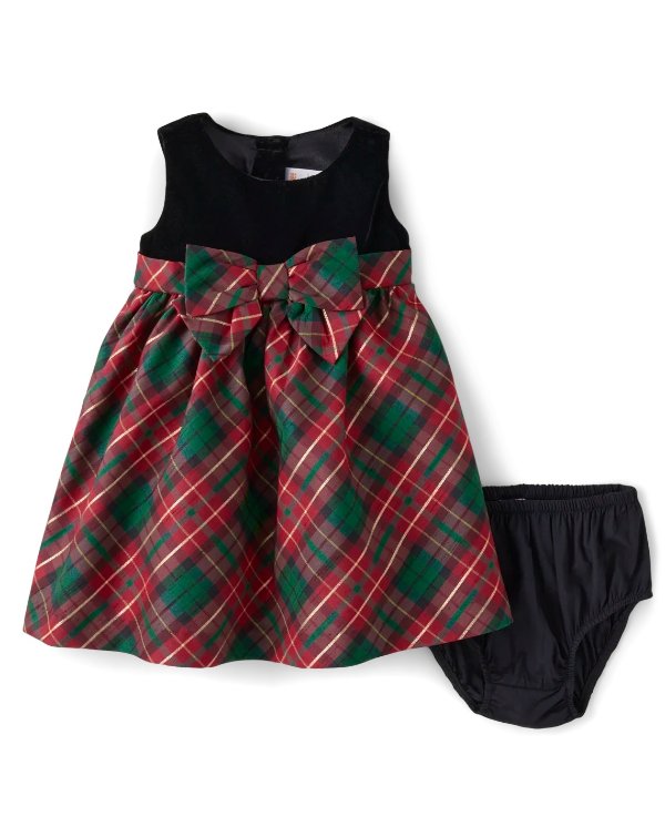 Baby Girls Matching Family Plaid Bow Fit And Flare Dress - A Royal Christmas - black