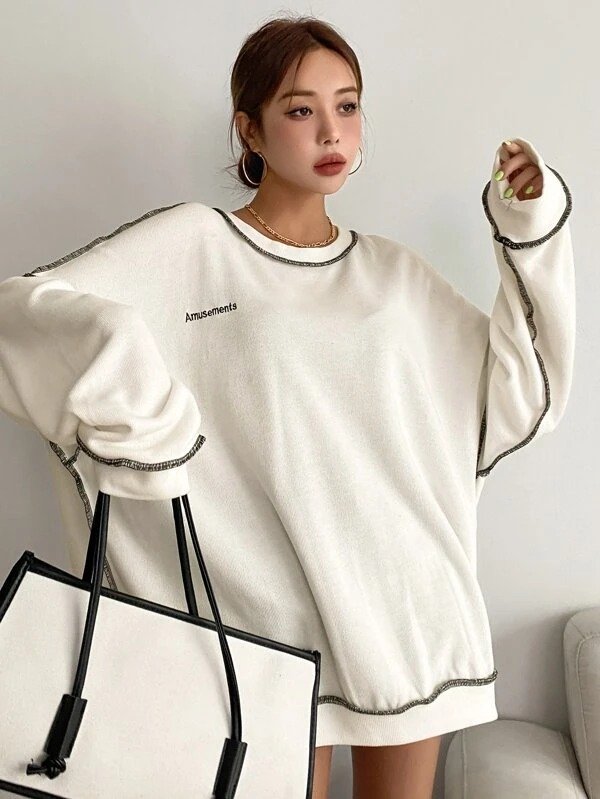 DAZY Kpop Letter Embroidery Top-stitching Drop Shoulder Oversized Sweatshirt