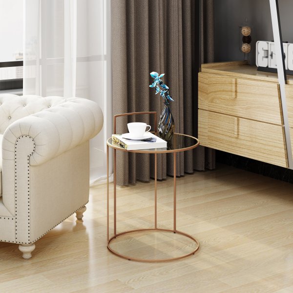 Barbara Glam Tempered Glass Side Table with Stainless Steel Frame, Rose Gold Finish
