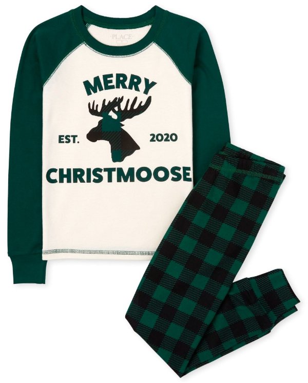 Unisex Kids Matching Family Christmas Long Raglan Sleeve Christmas Moose Snug Fit Cotton Pajamas