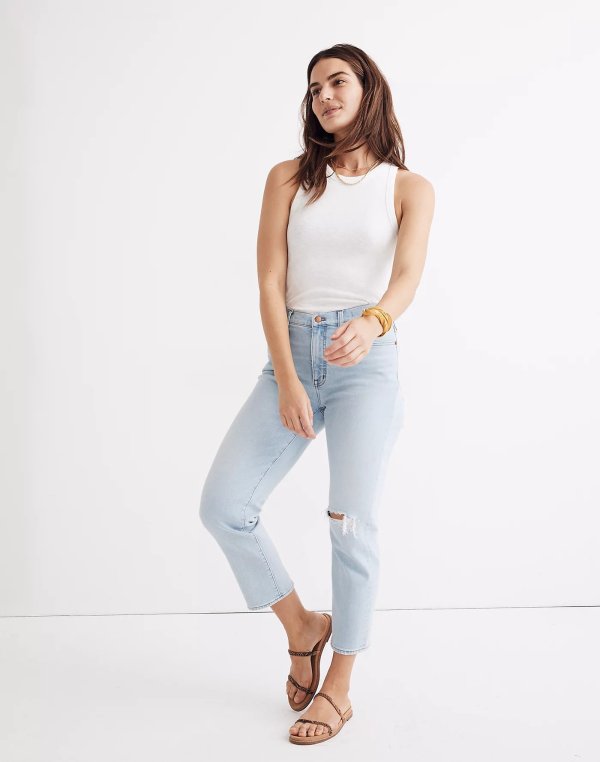 Tall Mid-Rise Classic Straight Jeans in Wellingford Wash: Knee-Rip Edition