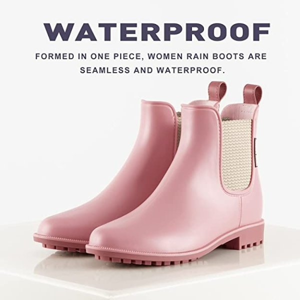 Short rain boots for women and waterproof garden shoes，anti-slipping chelsea rainboots for ladies with comfortable insoles，stylish light ankle rain shoes and matte outdoor work shoes