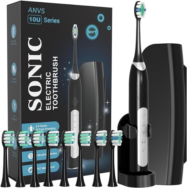 Sonic Electric Toothbrushes for Adults - Rechargeable Electric Toothbrush with Travel Case, 8 Brush Heads and a Holder, Power Whitening Toothbrush Fast Charge for 90 Days Use(Black)