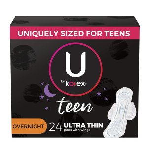 U by Kotex Teen Ultra Thin Feminine Pads with Wings, Overnight, Unscented, 24 Count