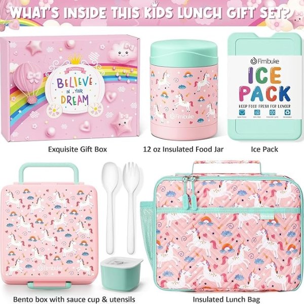 Kids Bento Snack Lunch Box with 4 Compartments, Insulated lunch Bag, Stainless Steel Thermos Food Jar, Ice Pack & Utensils, Unicorn Birthday Gift for Age 3-12 Back to School Toddler Girl Boy