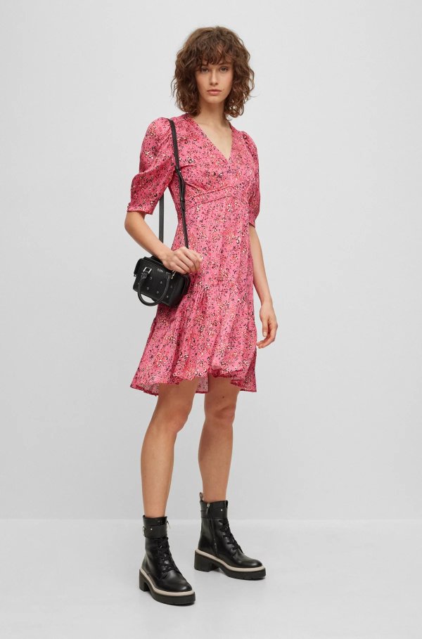 Puff-sleeve regular-fit dress with floral print