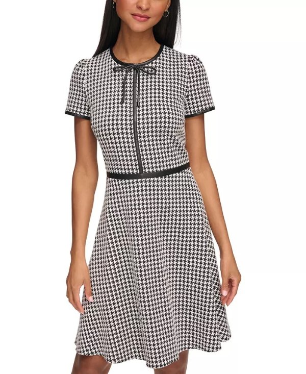 Women's Houndstooth Puff-Sleeve Bow-Neck Dress