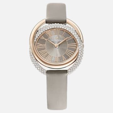 Duo Watch, Leather Strap, Gray, Champagne-gold tone PVD by SWAROVSKI