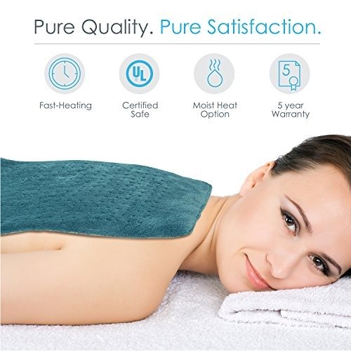 PureRelief XL King Size Heating Pad (Turquoise Blue) - Fast-Heating Machine-Washable Pad - 6 Temperature Settings, Moist Heat Therapy Option, Auto Shut-Off and Storage Bag - 12" x 24"