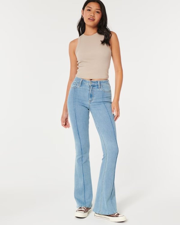 High-Rise Light Wash Pintuck Flare Jeans