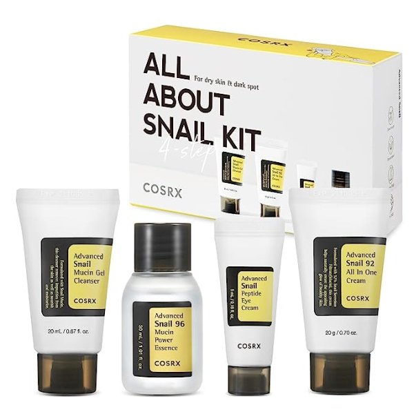 All About Snail Korean Skincare | TSA Approved Travel Size, Gift Set with Facuak Cleanser, Essence, Cream & Eye-cream, Repairing, Recovering, Rejuvenating Kit with Snail Mucin, Korean Skincare