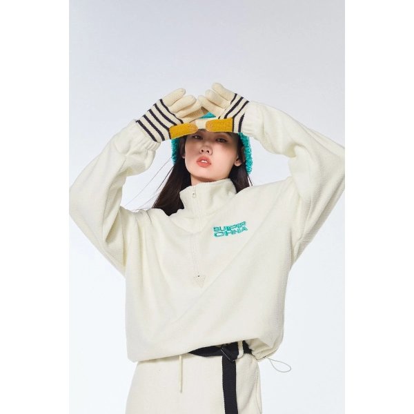 SUPERCHINA Polar Fleece Sweatshirt Set Beige Top | Peacebird Women Fashion