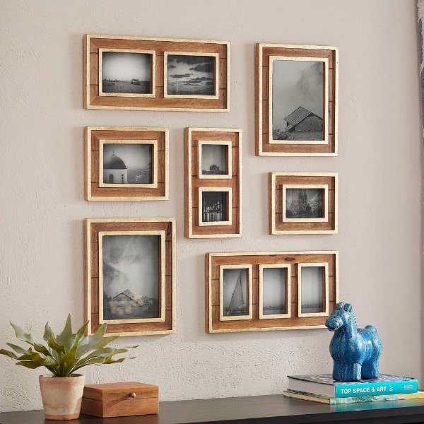 Natural Wood and Gold Gallery Wall Picture Frames (Set of 7)