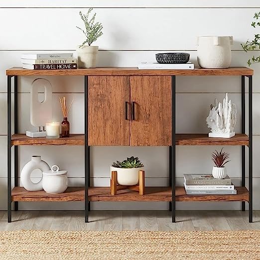 Large Console Table 3 Tier 55in Sofa Table Storage Cabinet Shelf, Accent Entryway Wide Foyer Table, Display Stand Living Room Hallway Decor - Brown