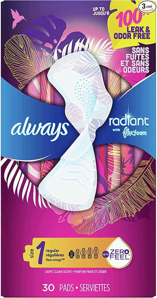 Radiant Feminine Pads Size 1, 90 Count, Regular Absorbency