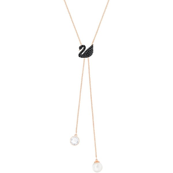 Iconic Swan Double Y Necklace, Black, Rose gold plating by SWAROVSKI