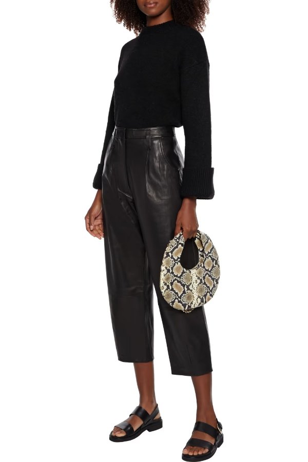 Cropped pleated leather tapered pants
