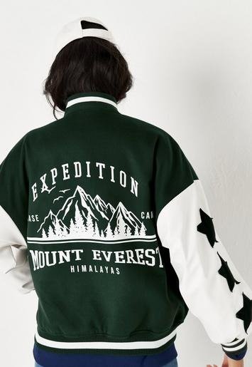 - Green Mount Everest Faux Leather Sleeve Varsity Jacket
