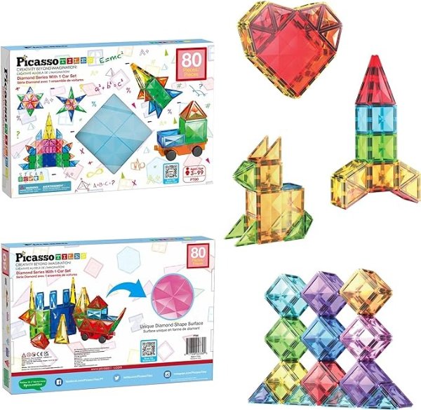 80 Piece Magnetic Building Block Construction Toy Set Diamond Magnet Tile Blocks with Car Truck STEM Learning Kit Early Education Builder Playset Toys for Children Toddler Boy Girl Age 3+