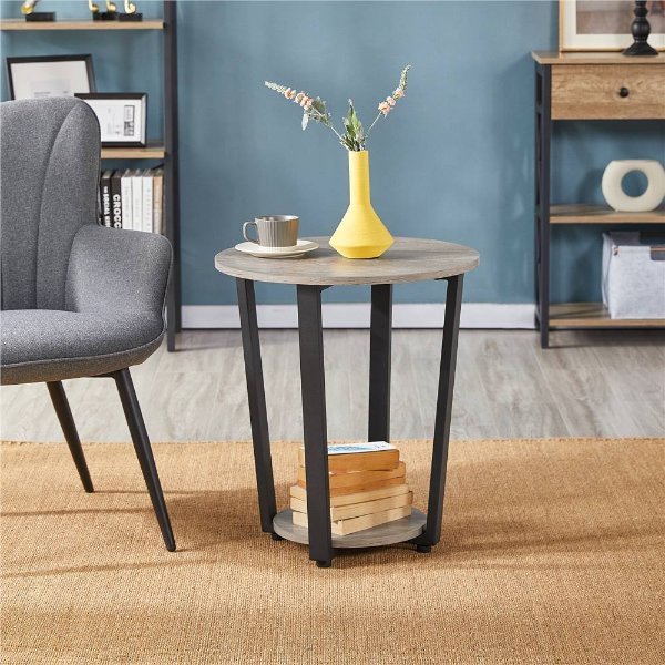 2-Tier Round End Table Set of 2 for Living Room, Industrial Small Side Table with Storage Rack & Metal Legs for Home Office Small Spaces, Accent Furniture, Easy Assemble, Gray