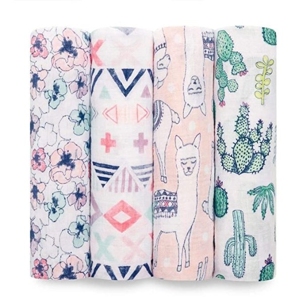 Swaddle Blanket, Boutique Muslin Blankets for Girls & Boys, Baby Receiving Swaddles, Ideal Newborn & Infant Swaddling Set, Perfect Shower Gifts, 4 Pack, Trail Blooms