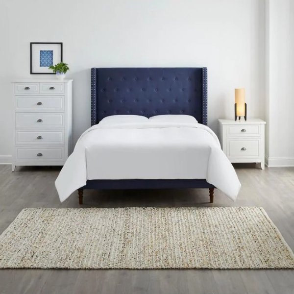 Highfield Midnight Blue Upholstered Wingback Queen Bed with Tufting (65.4 in W. X 55.90 in H.)