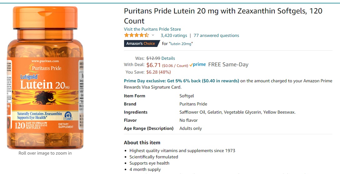 amazon現有Puritans Pride Lutein 20 mg 120入特價優惠